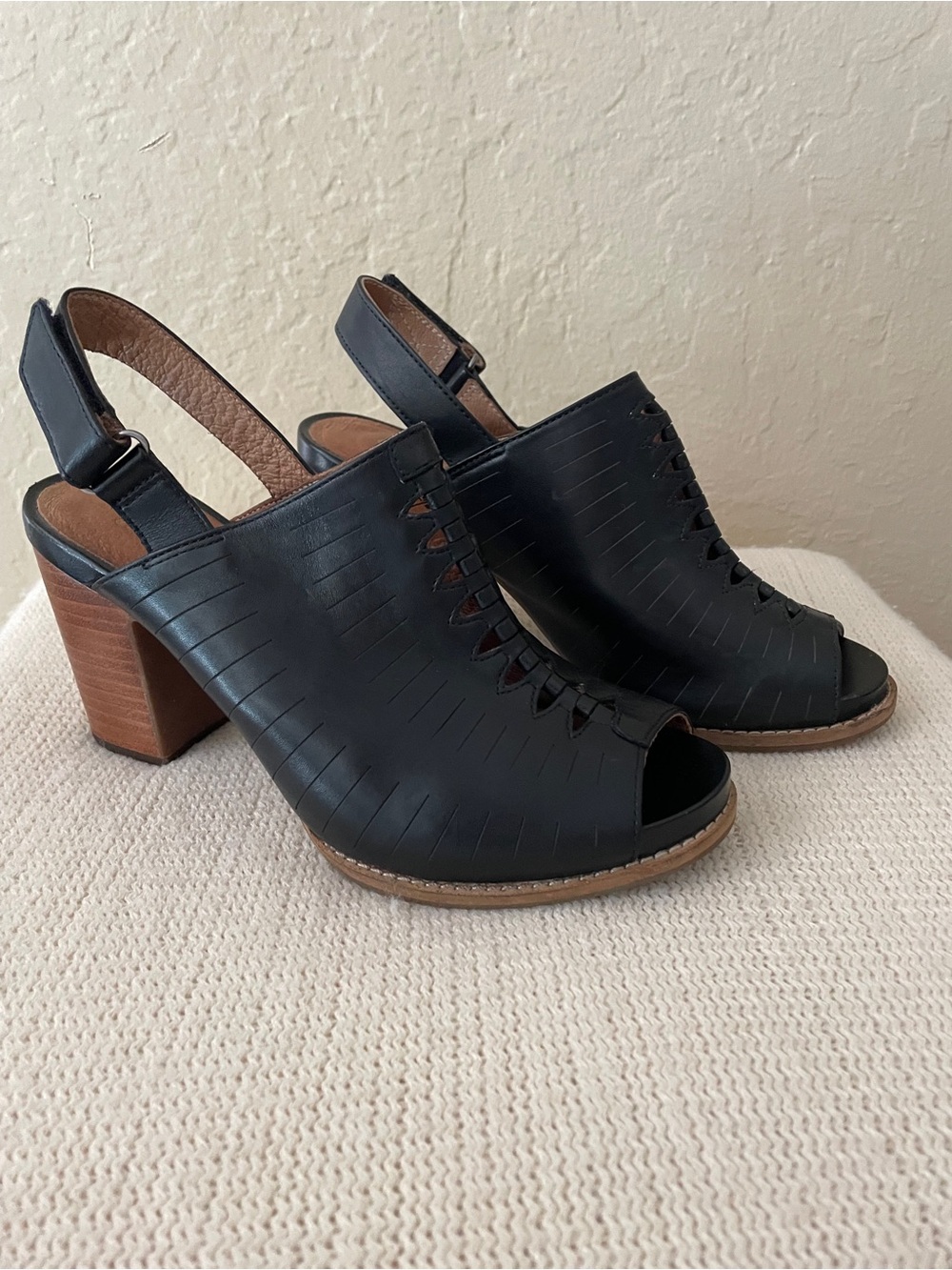 Clarks Black Peep-Toe Slingback Block Heel Sandals